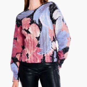 Nic+Zoe Sweater Womens Large Autumn Bloom Floral Ribbed Watercolor Bishop Sleeve